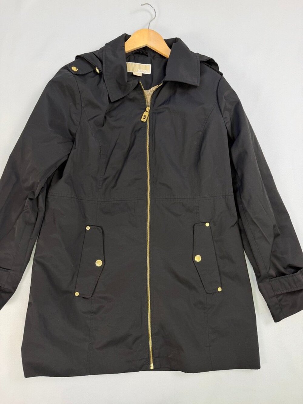 Michael Kors Hooded Black Rain Jacket Gold Hardware Large